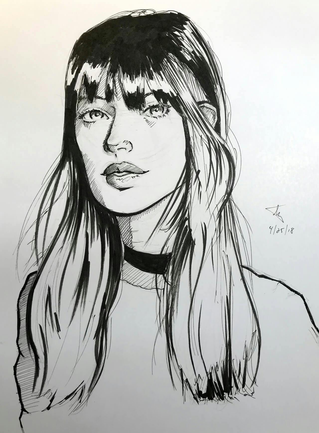 Pen & ink drawing, woman with long hair in choker necklace, looking straight ahead