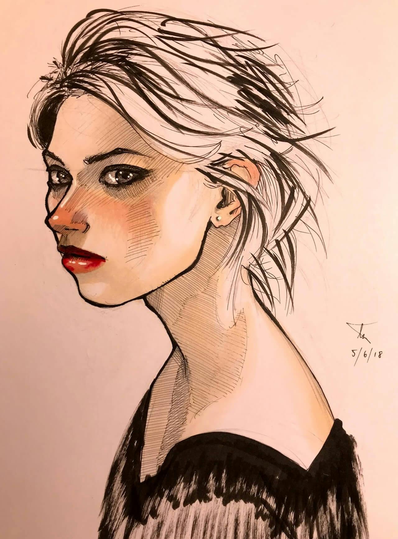 Ink & marker sketch, woman turned to the side looking back toward the viewer