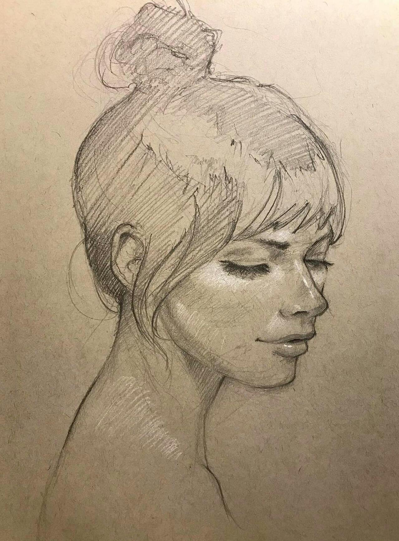 Graphite drawing, woman with hair up, looking down and slightly over her shoulder