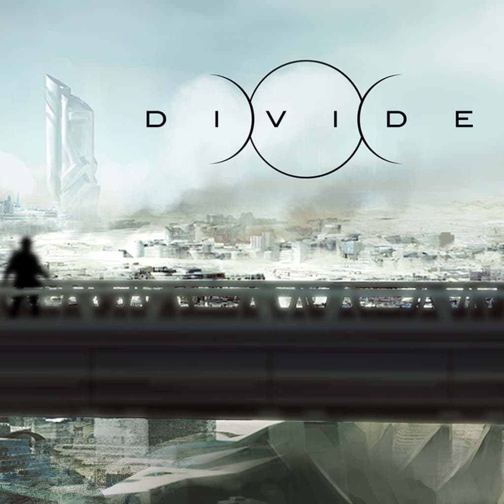 Illustration of blurry person on a bridge overlooking a city with a lone skyscraper