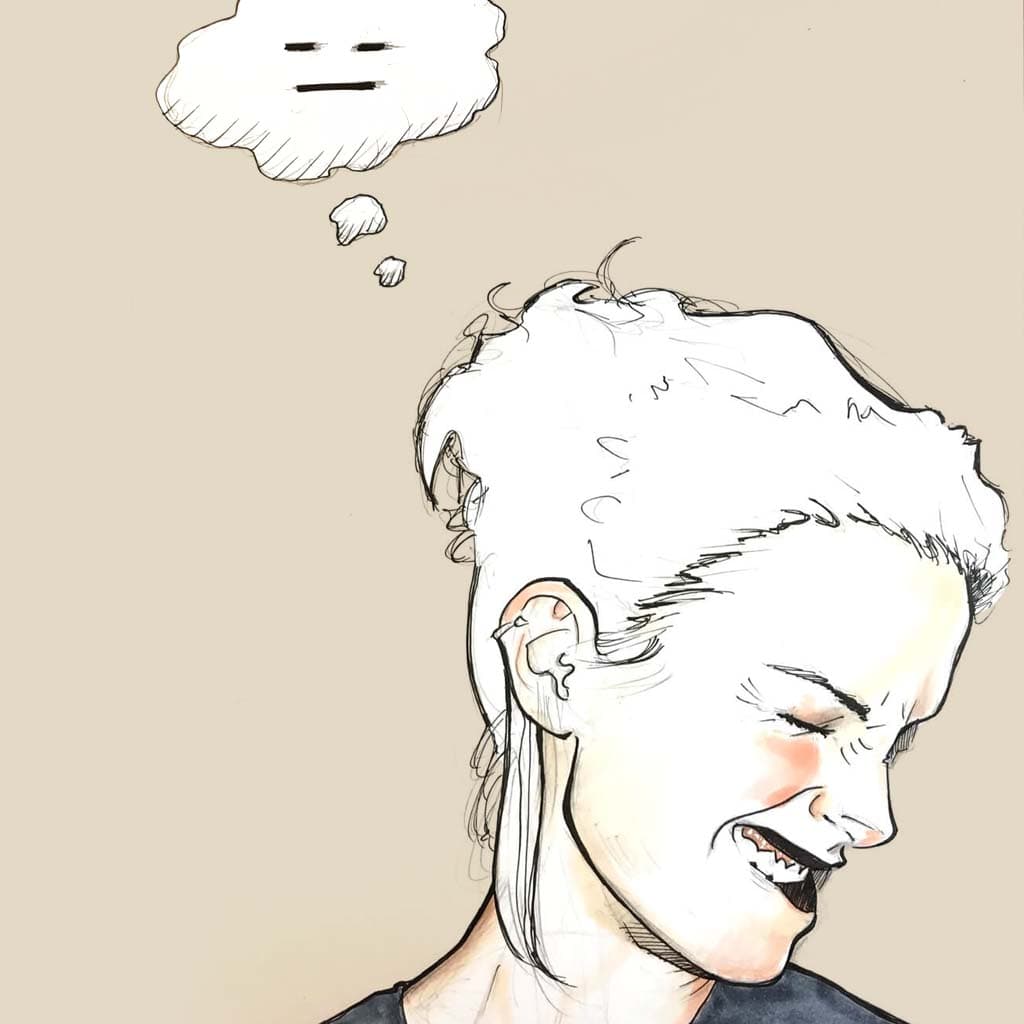 Drawing of a grimacing Emma Watson with an expressionless emoji thought bubble